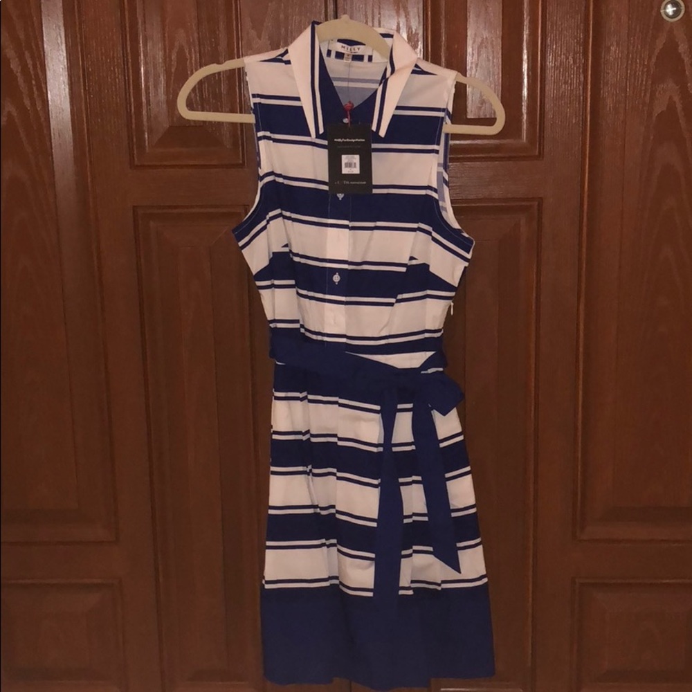 Blue and white striped dress with bow belt